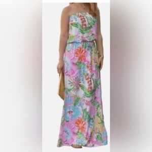 Lilly Pulitzer Floral Strapless Maxi Dress - Pink, Green, Blue, Orange